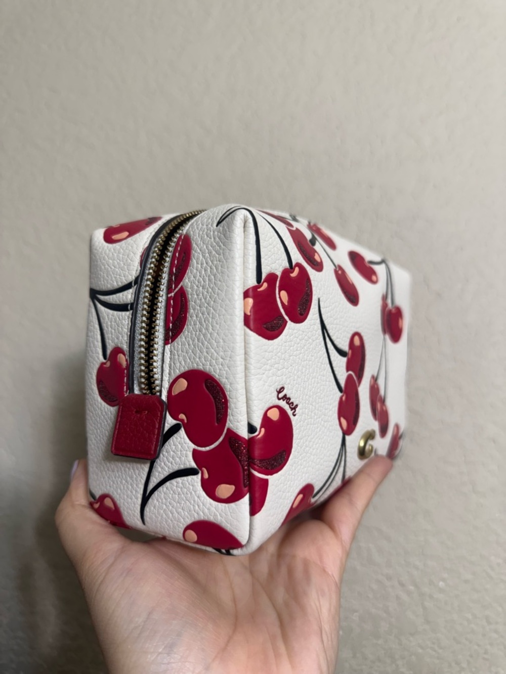 RARE Coach Essential Cherry Print Cosmetic Pouch with Gold C Hardware - Picture 2 of 6